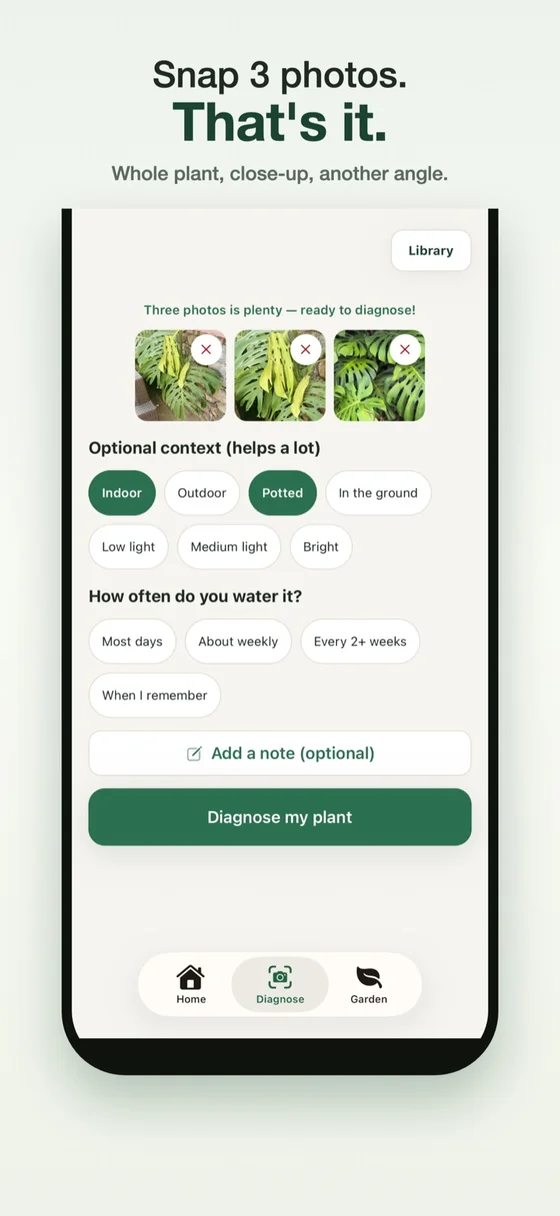 The app’s photo screen with three photos and optional context